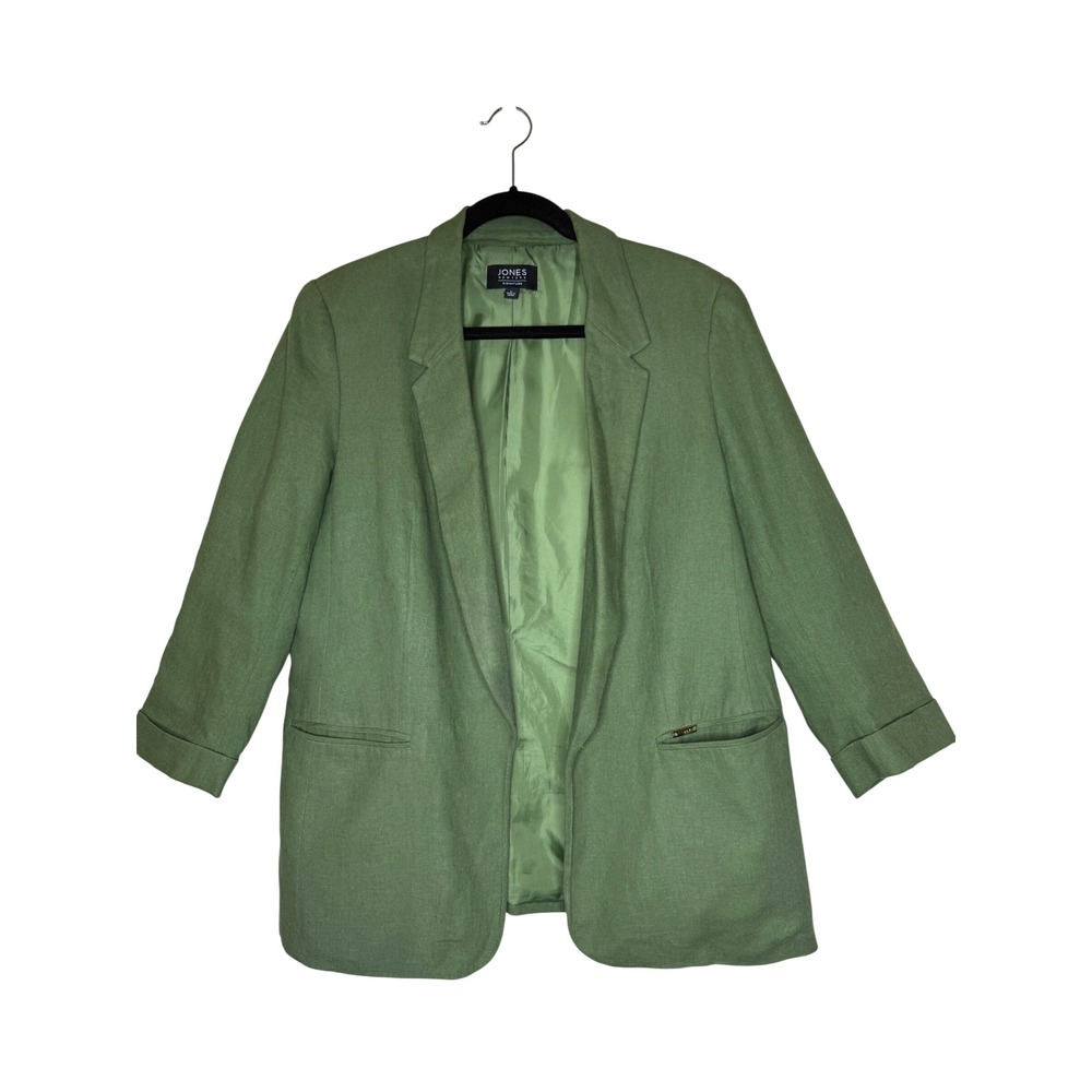 Jones New York Blazer Moss Green Linen Blend Open Size L Corporate Chic Preppy